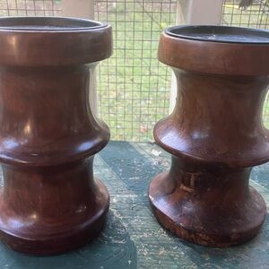 Vintage Turned Wood Pillar Candle Holders Pair